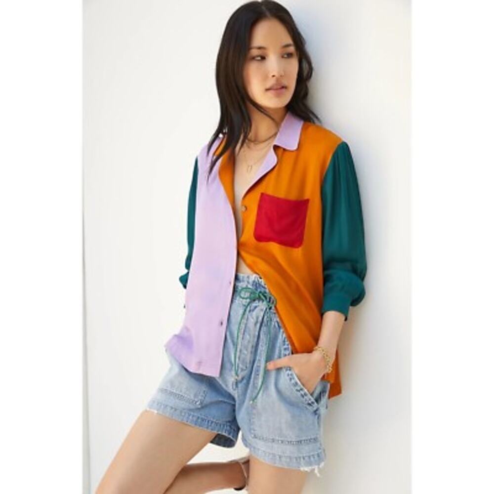 Farm Rio Anthropologie Women's Purple Orange Colorblock Button Down Shirt Size M